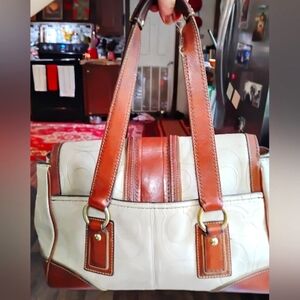 Coach Cream and Brown Shoulder Bag with Polished Finish